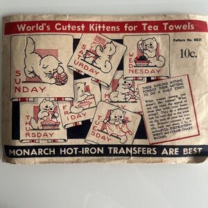 Vintage 1940’s Monarch Hot Iron Transfer Set Kitty Day of Week Dish Tea Towels